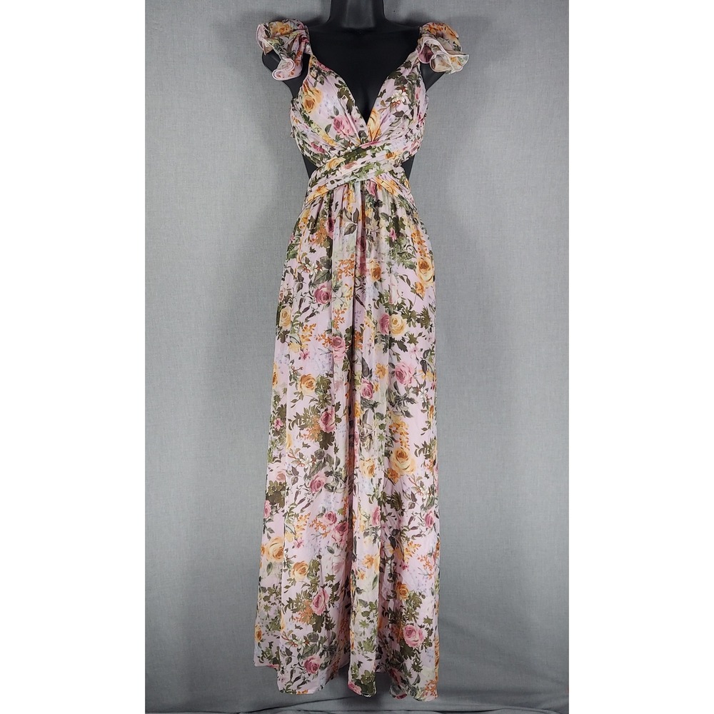 Floral Maxi Fairycore Dress S Ruffle Sleeve Lace Up Back Cottagecore Multi NWT